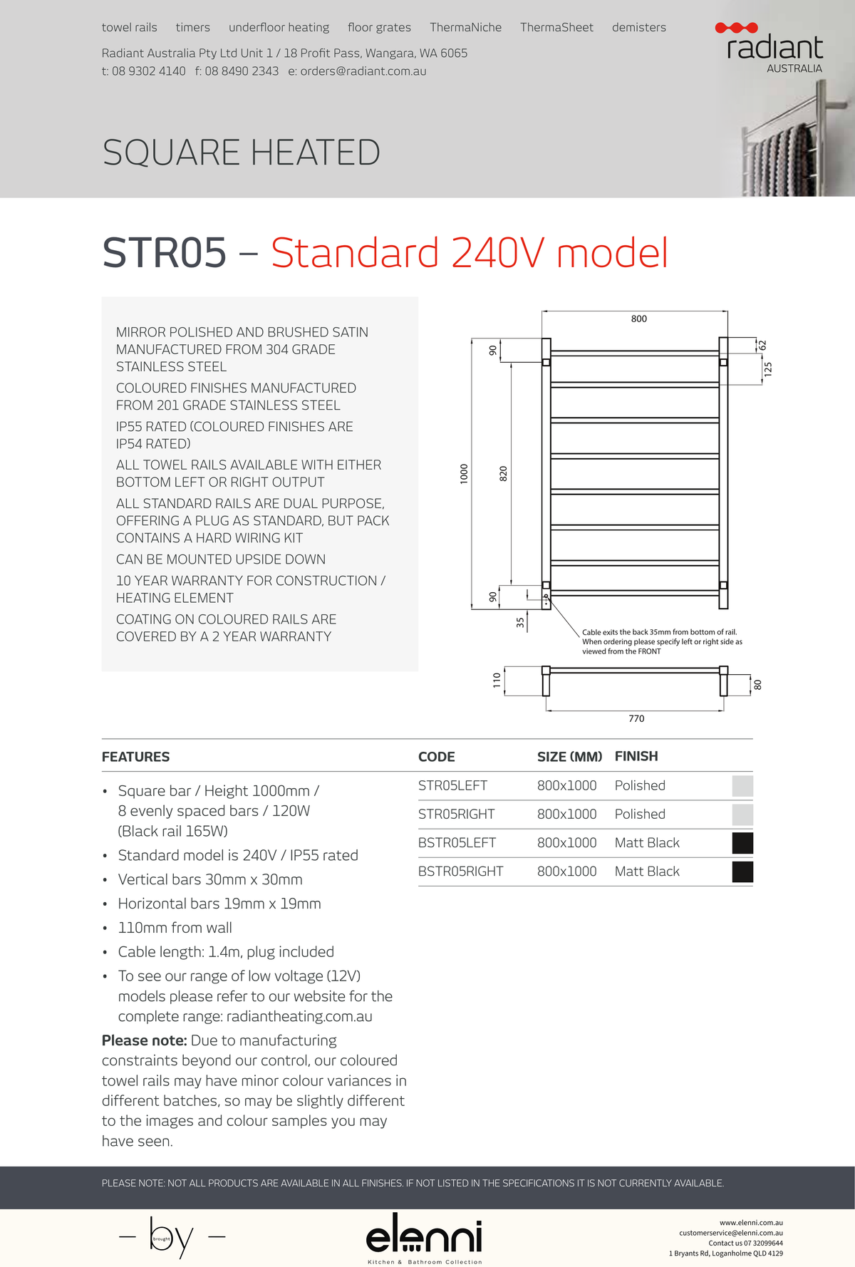Radiant Heated Square Ladder Towel Rail 800 x 1000mm - Elenni Kiri specification drawing
