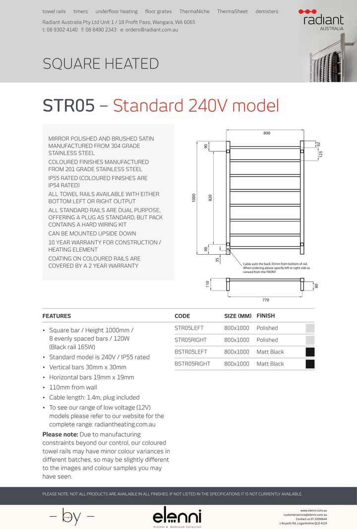Radiant Heated Square Ladder Towel Rail 800 x 1000mm - Elenni Kiri specification drawing