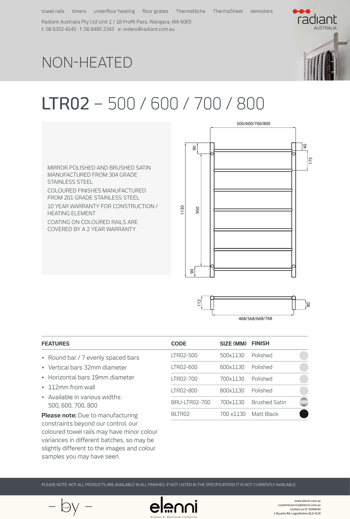 Radiant Round Ladder Towel Rail 1130mm High - Elenni Kiri specification drawing