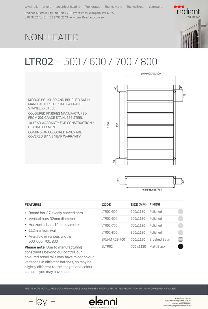 Radiant Round Ladder Towel Rail 1130mm High - Elenni Kiri specification drawing