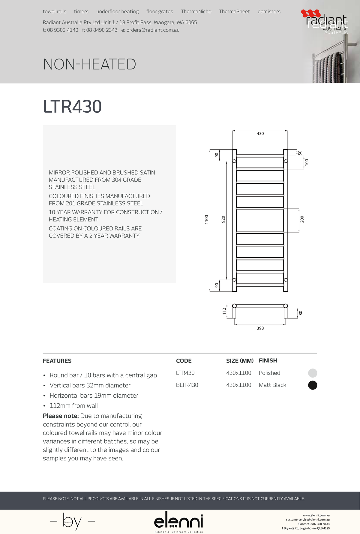Radiant Round Ladder Towel Rail 430 x 1100mm - Elenni Kiri specification drawing