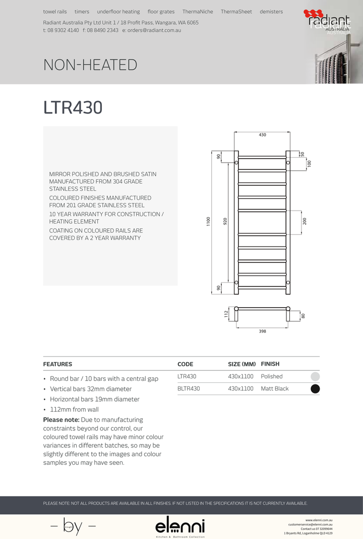 Radiant Round Ladder Towel Rail 430 x 1100mm - Elenni Kiri specification drawing