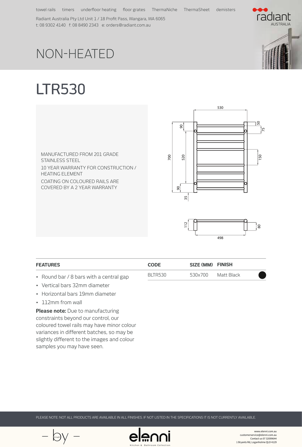 Radiant Round Ladder Towel Rail 530 x 700mm - Elenni Kiri specification drawing