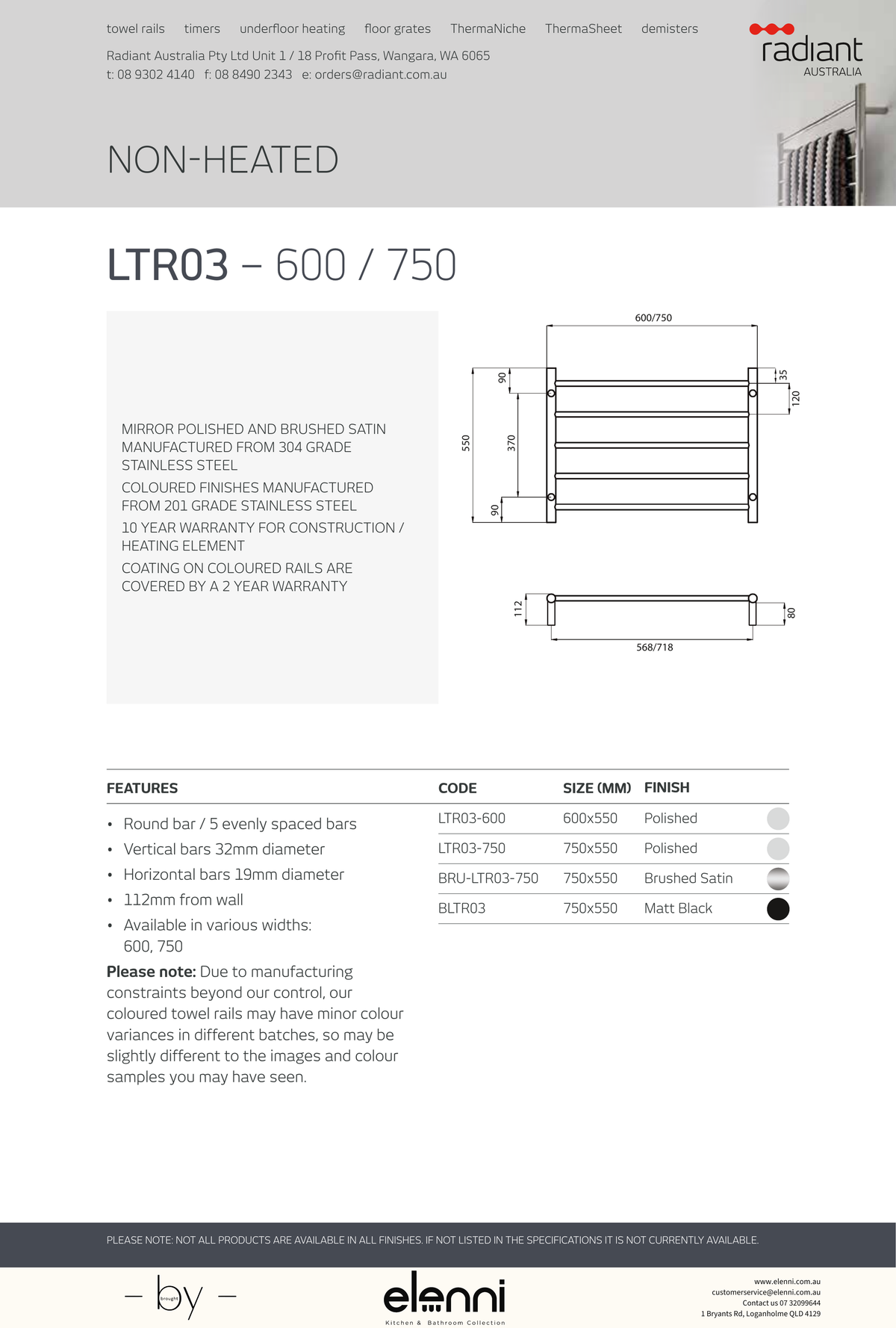 Radiant Round Ladder Towel Rail 550mm High - Elenni Kiri specification drawing