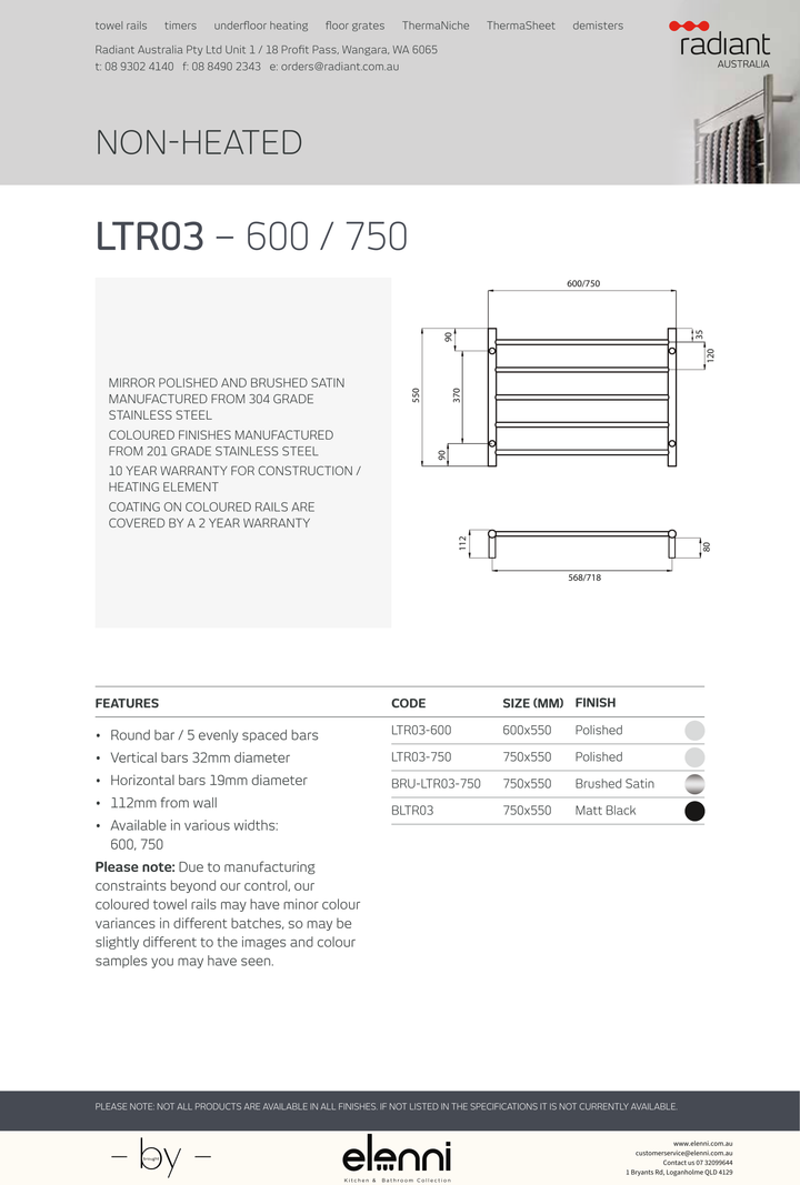 Radiant Round Ladder Towel Rail 550mm High - Elenni Kiri specification drawing