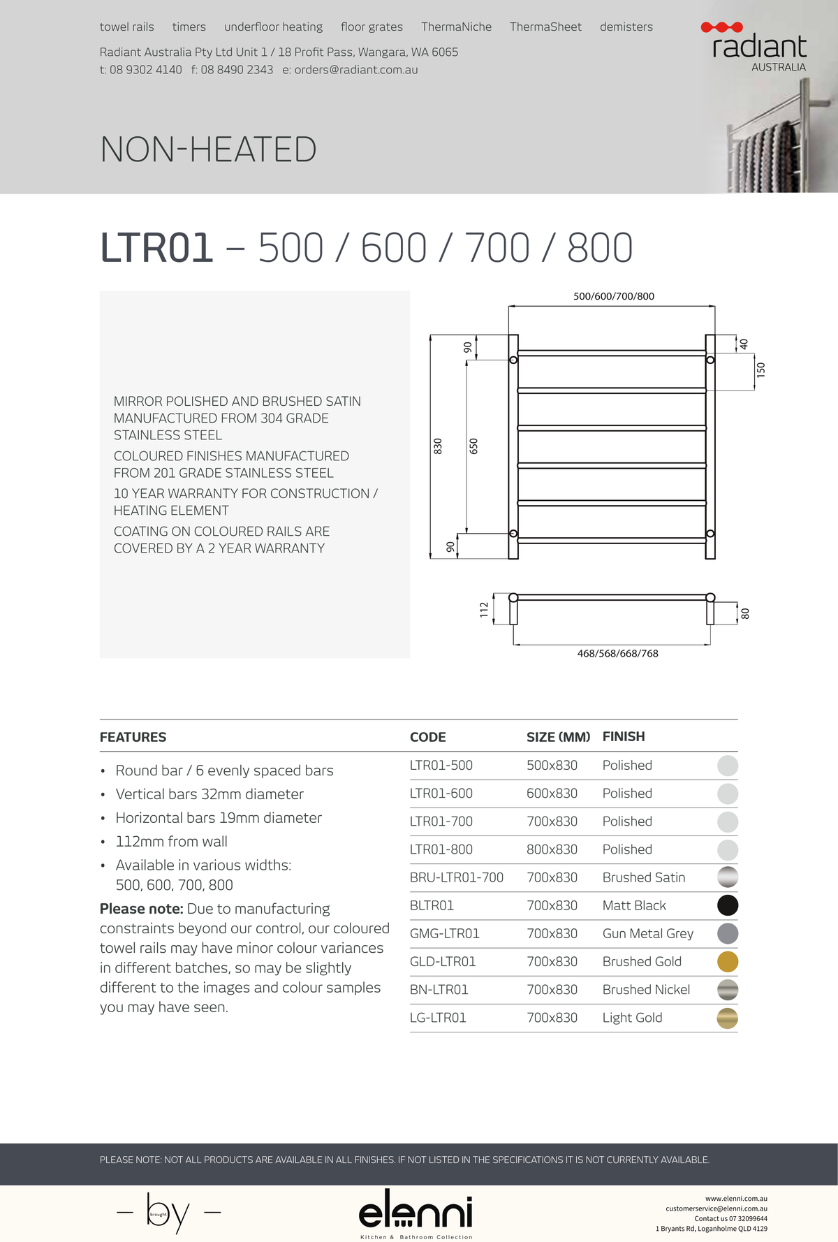 Radiant Round Ladder Towel Rail 830mm High - Elenni Kiri specification drawing