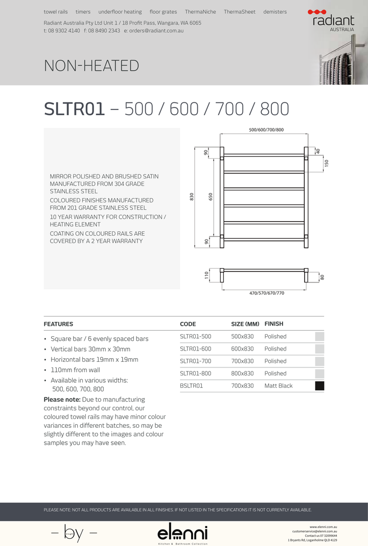 Radiant Square Ladder Towel Rail 830mm High - Elenni Kiri specification drawing