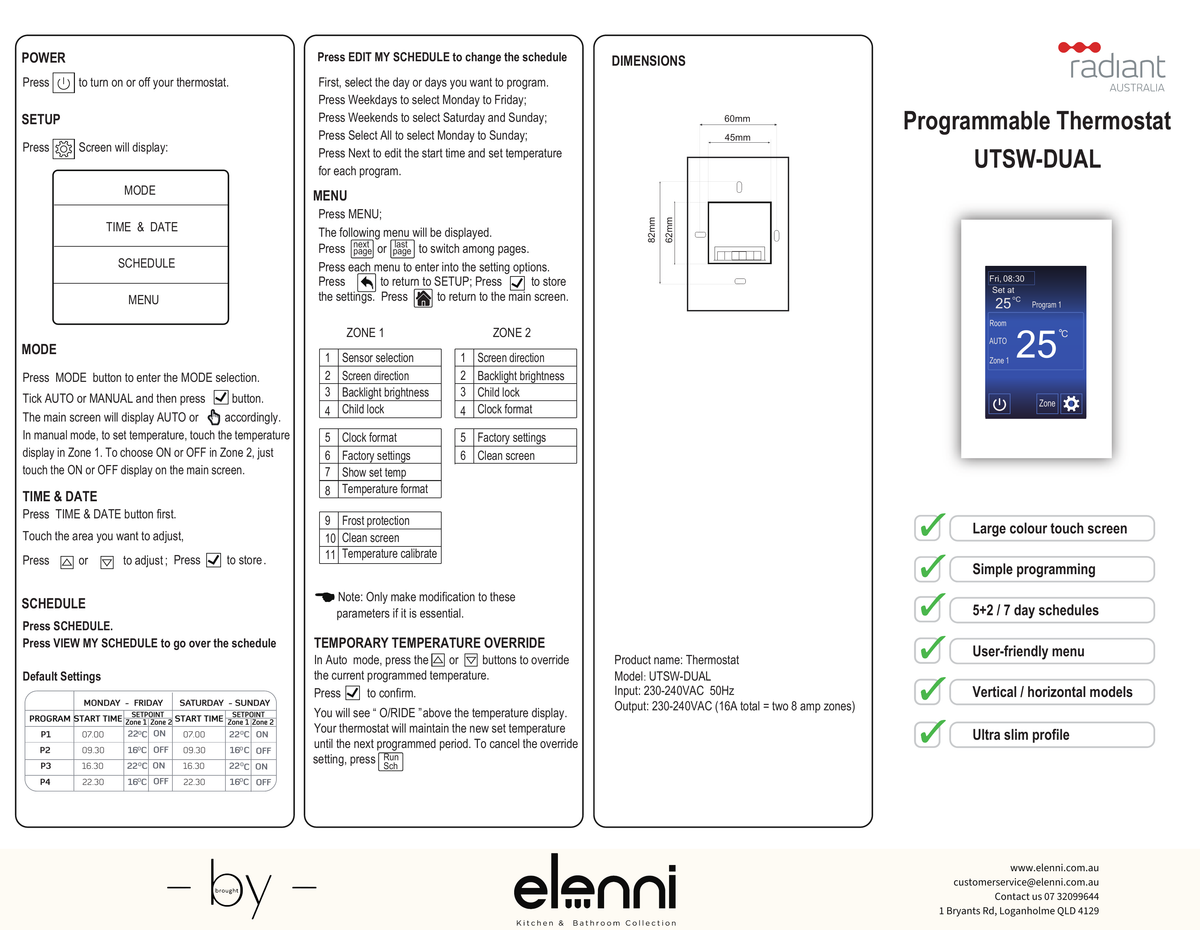 Radiant Universal Touch Screen Dual Programmable Thermostat and Timer - Elenni Kiri specification drawing