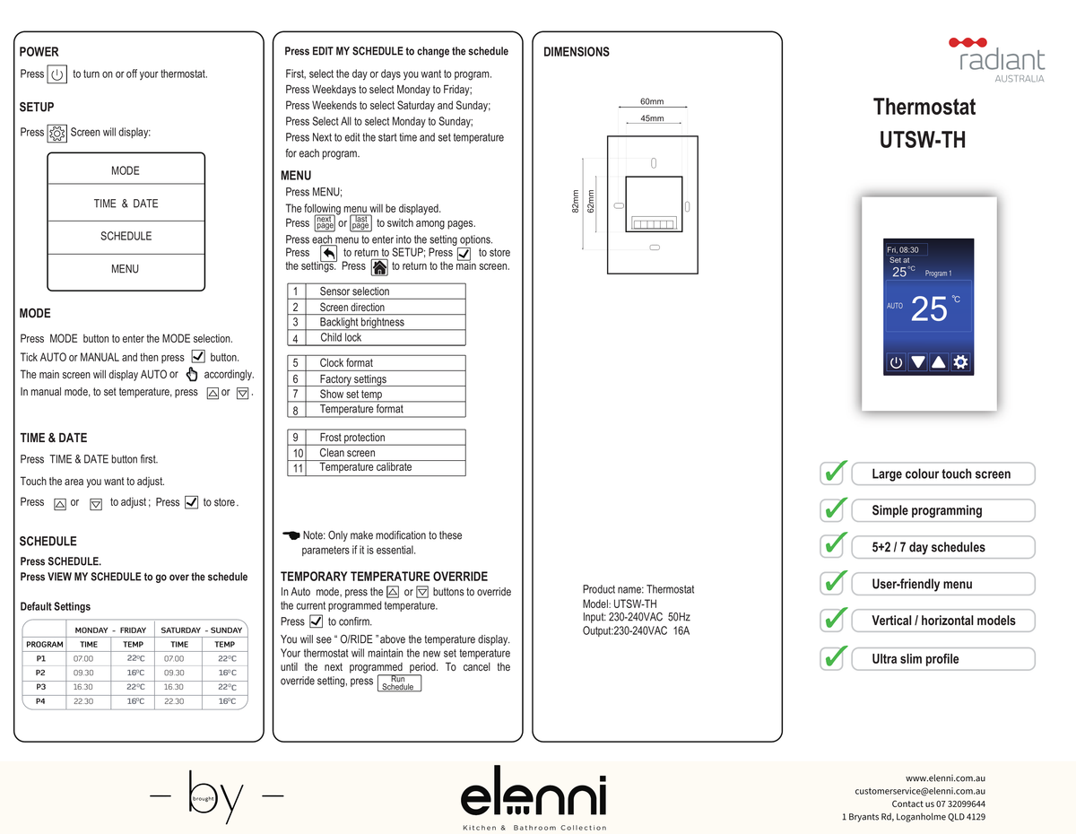 Radiant Universal Touch Screen Programmable Thermostat - Elenni Kiri specification drawing