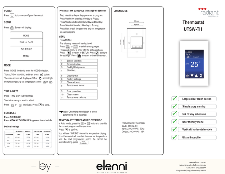 Radiant Universal Touch Screen Programmable Thermostat - Elenni Kiri specification drawing