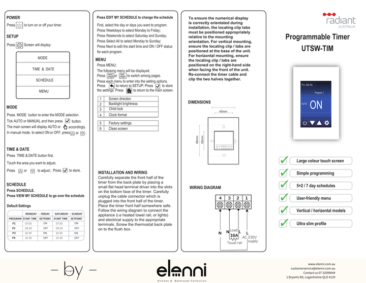 Radiant Universal Touch Screen Programmable Timer - Elenni Kiri specification drawing