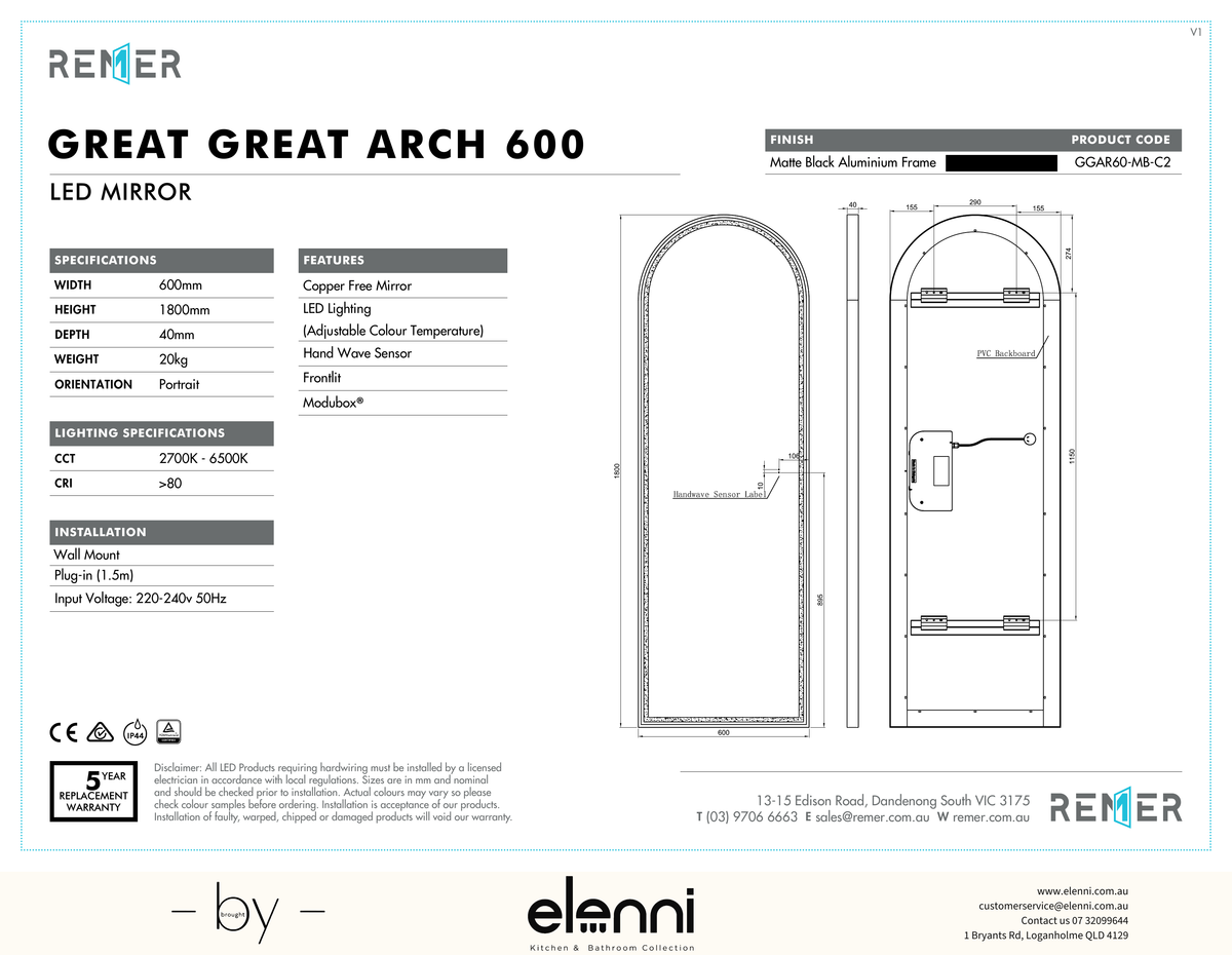 Great Great Arch Full Length LED Mirror with Portable Magnifier Manhattan Black AUG26 GGAR60 MB C2 Elenni specification drawing