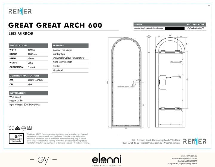 Great Great Arch Full Length LED Mirror with Portable Magnifier Manhattan Black AUG26 GGAR60 MB C2 Elenni specification drawing