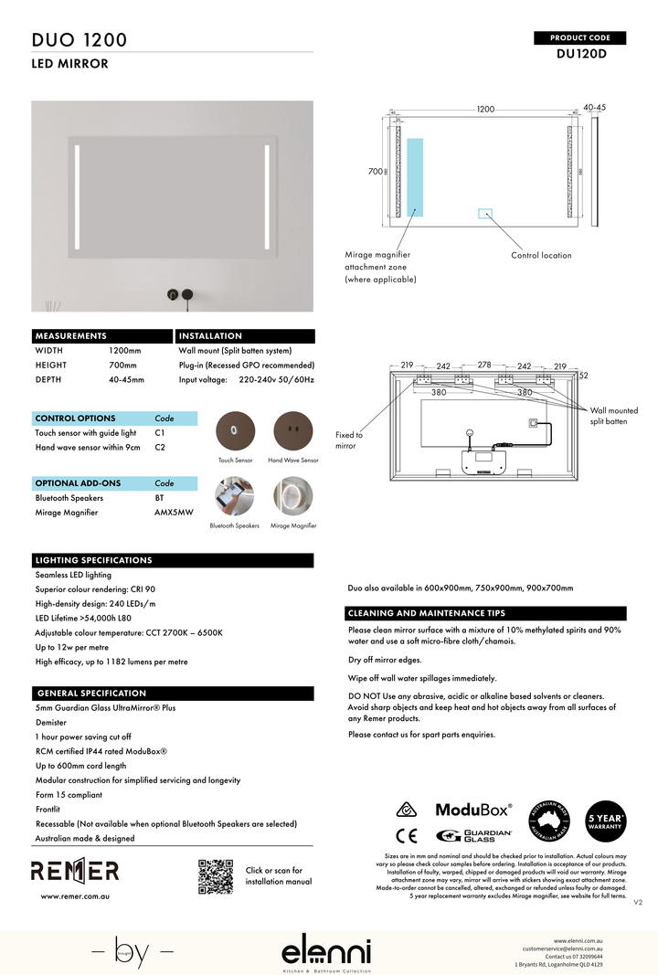 Duo Frontlit LED Mirror Aug26 STUDIO DU120D Elenni specification drawing