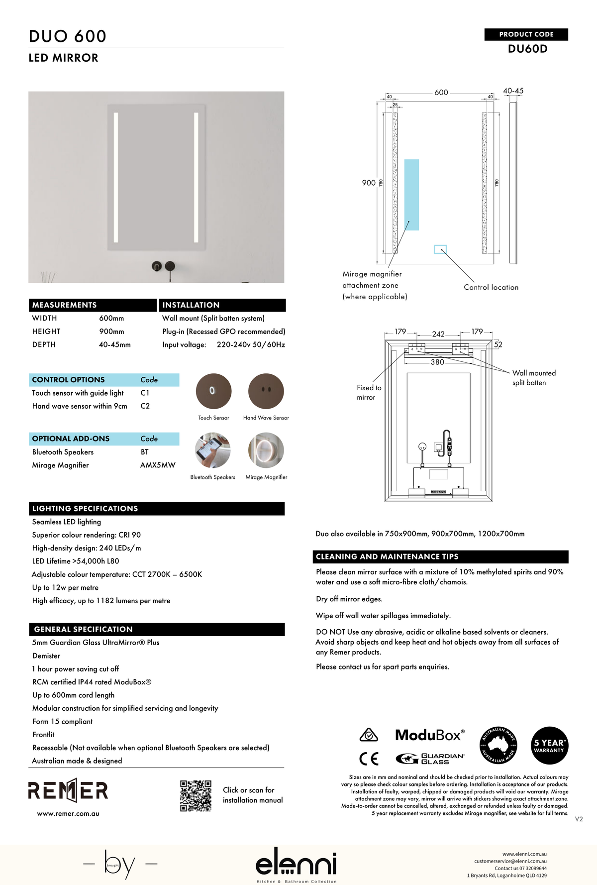 Duo Frontlit LED Mirror Aug26 STUDIO DU60D Elenni specification drawing