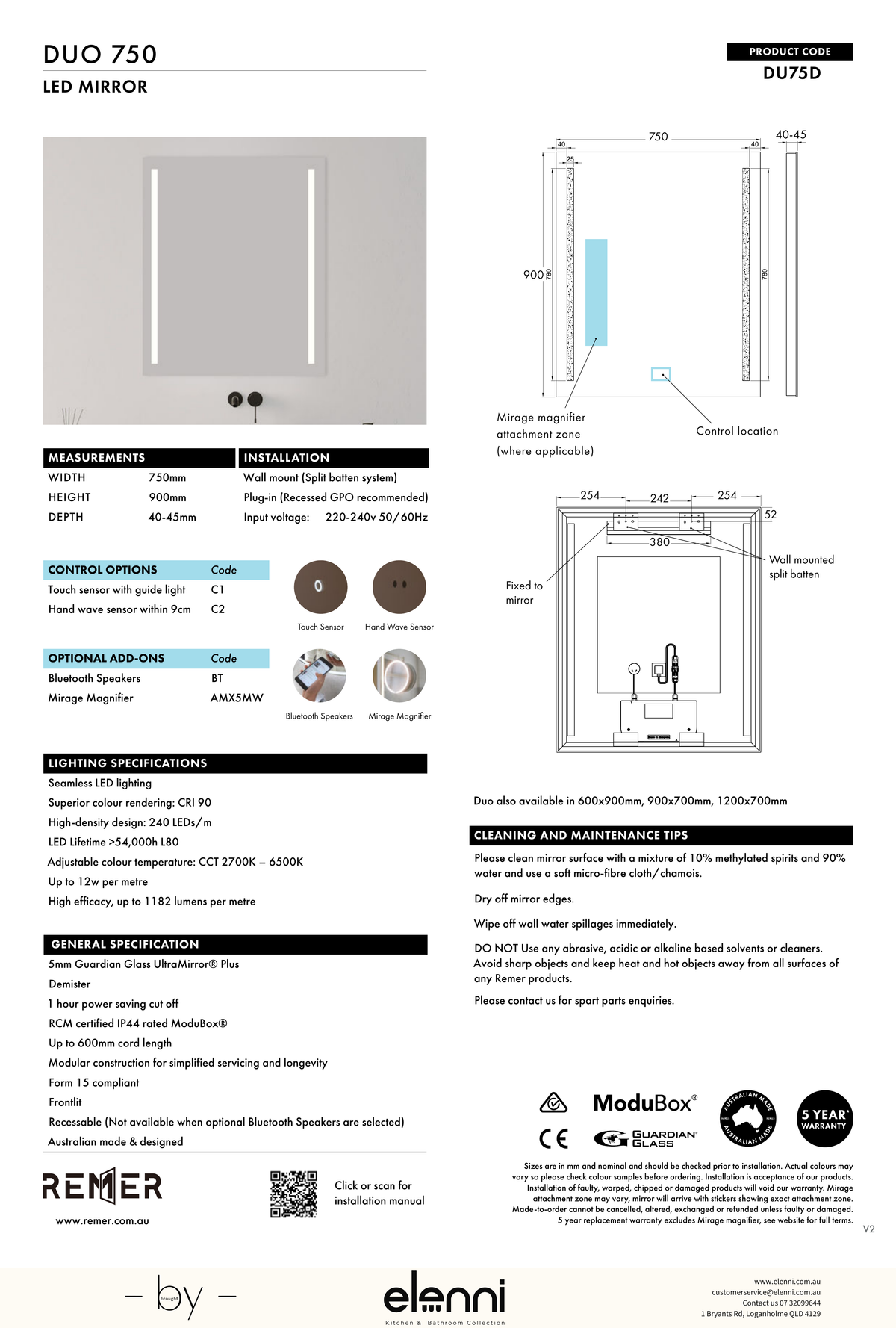 Duo Frontlit LED Mirror Aug26 STUDIO DU75D Elenni specification drawing