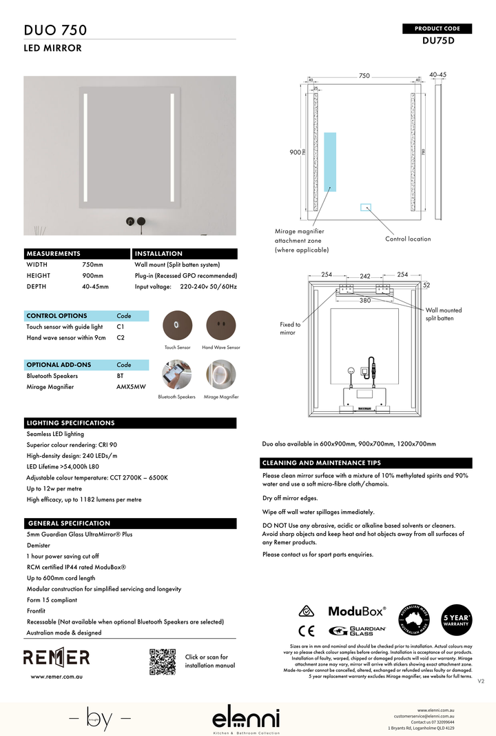 Duo Frontlit LED Mirror Aug26 STUDIO DU75D Elenni specification drawing