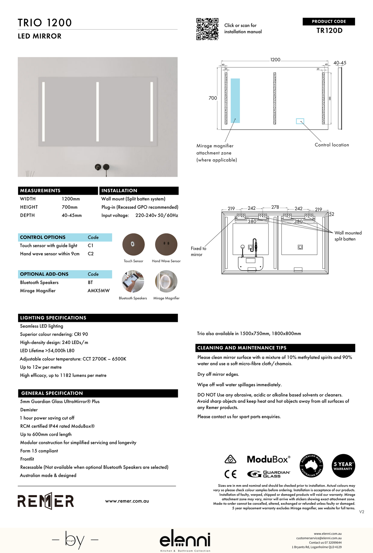 Trio Frontlit LED Mirror Aug26 STUDIO TR120D Elenni specification drawing