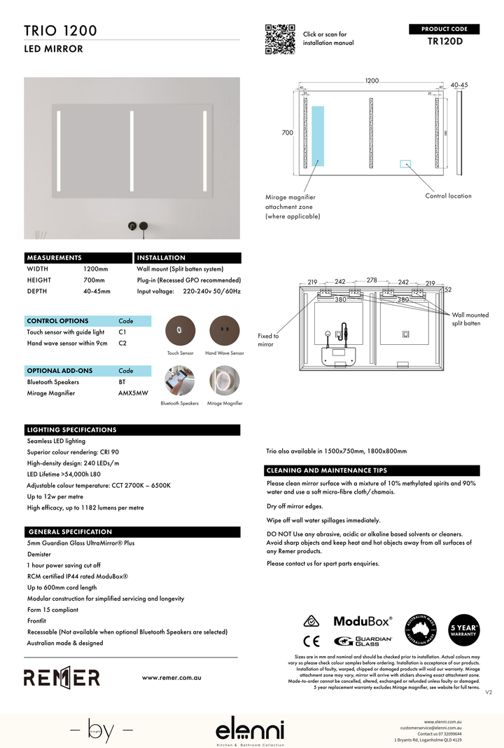 Trio Frontlit LED Mirror Aug26 STUDIO TR120D Elenni specification drawing