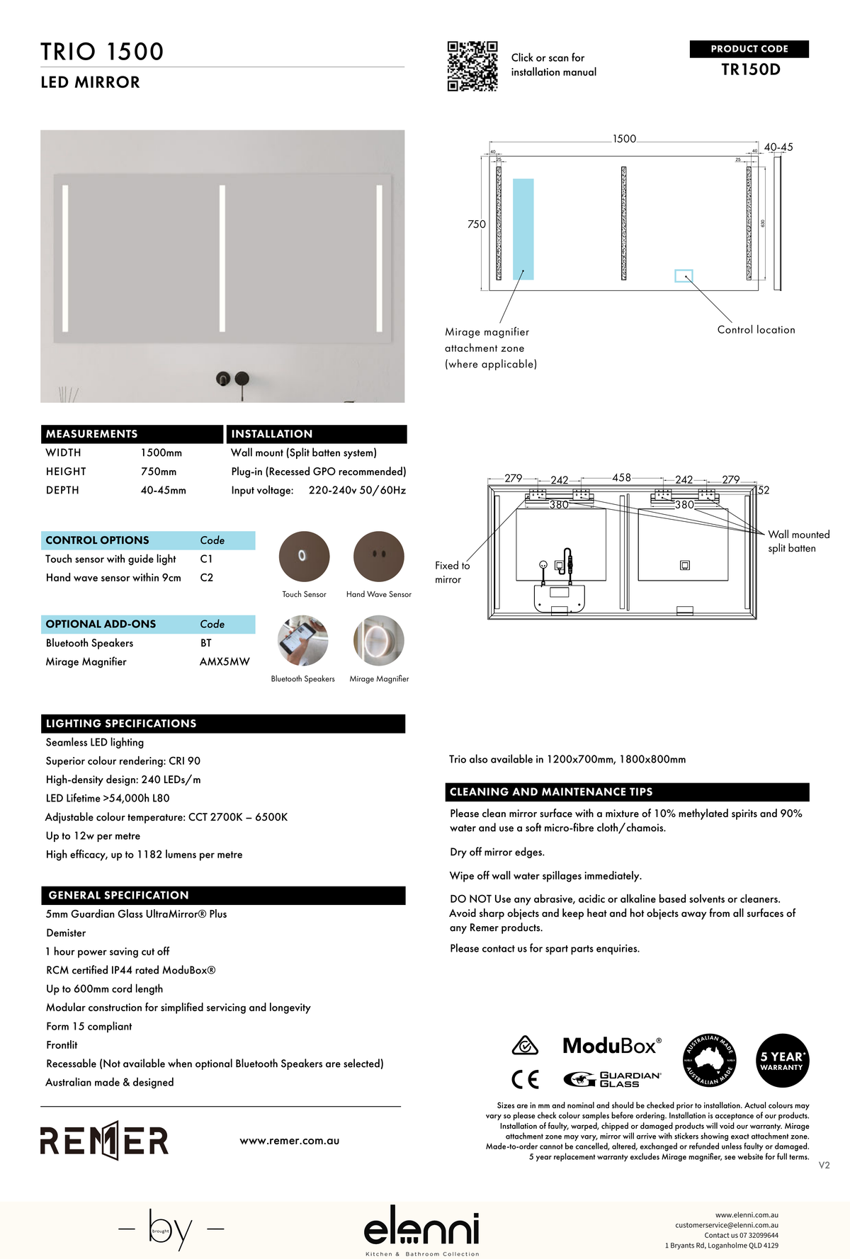 Trio Frontlit LED Mirror Aug26 STUDIO TR150D Elenni specification drawing