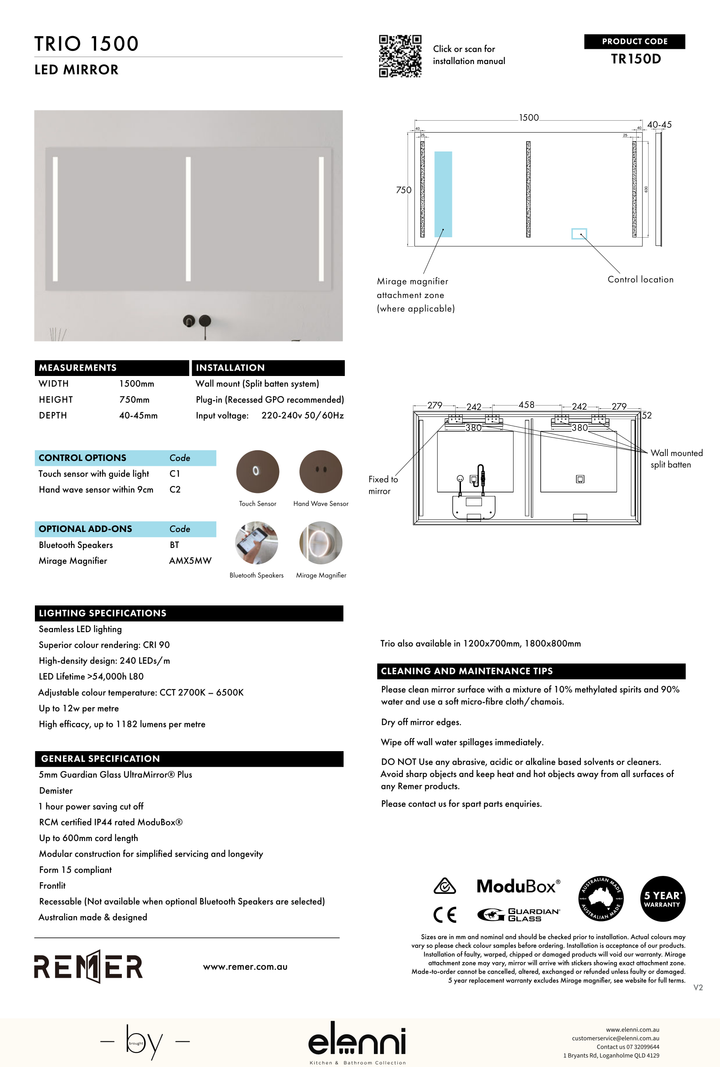 Trio Frontlit LED Mirror Aug26 STUDIO TR150D Elenni specification drawing