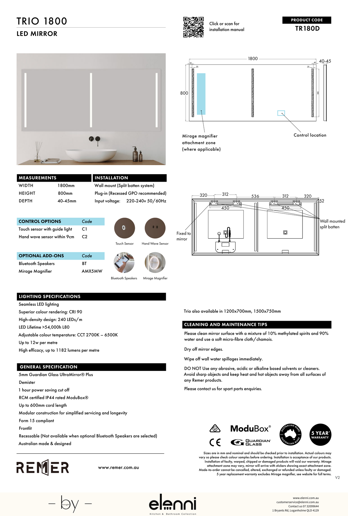 Trio Frontlit LED Mirror Aug26 STUDIO TR180D Elenni specification drawing