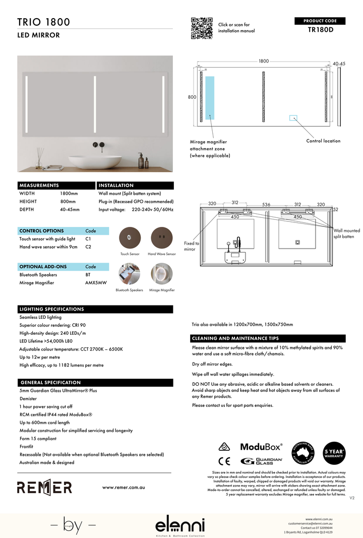 Trio Frontlit LED Mirror Aug26 STUDIO TR180D Elenni specification drawing