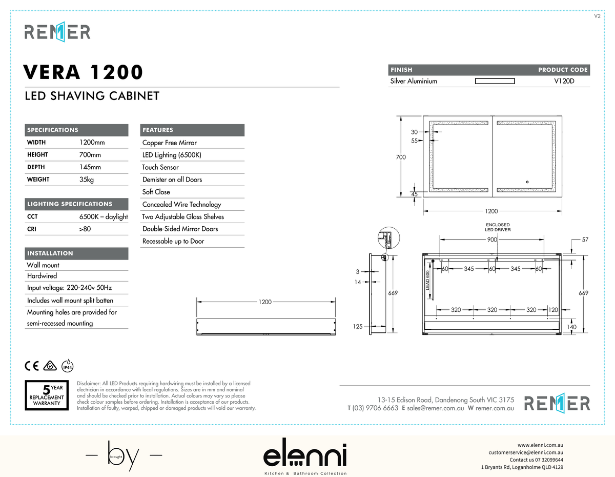 Vera LED Shaving Cabinet DEC24 Elenni specification drawing