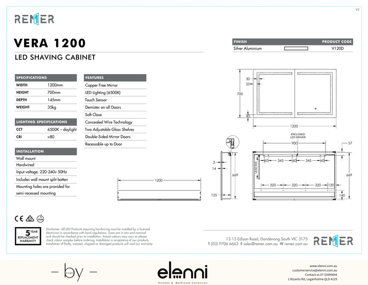Vera LED Shaving Cabinet DEC24 Elenni specification drawing