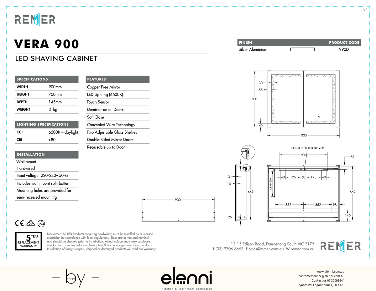 Vera LED Shaving Cabinet DEC24 Elenni specification drawing