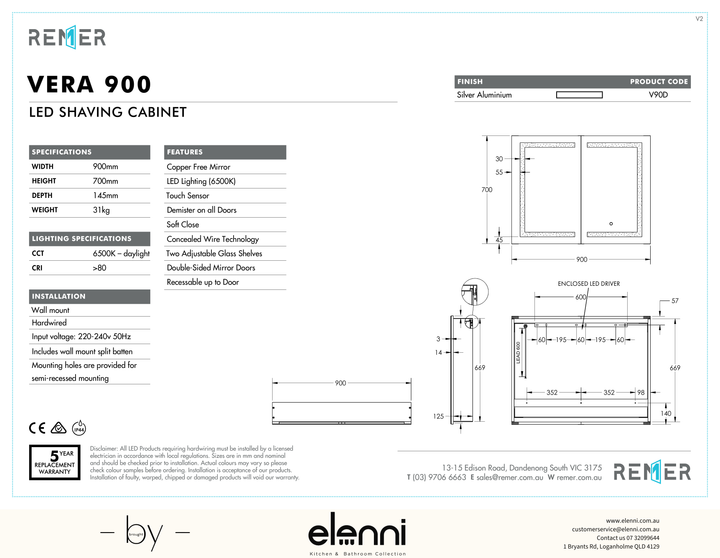 Vera LED Shaving Cabinet DEC24 Elenni specification drawing