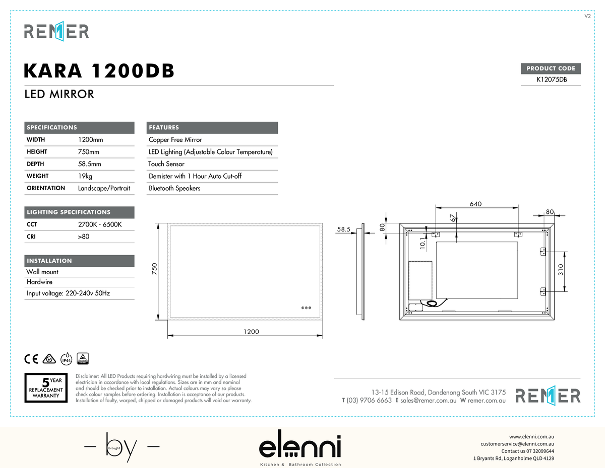 Kara LED Mirror with Bluetooth Speakers Feb25 K12075DB Elenni specification drawing