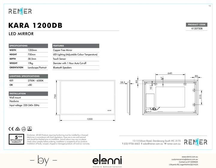 Kara LED Mirror with Bluetooth Speakers Feb25 K12075DB Elenni specification drawing