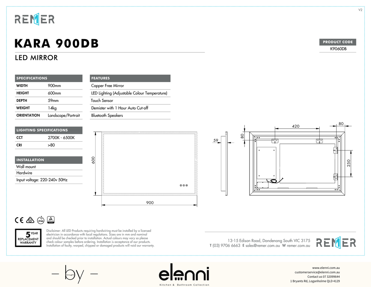 Kara LED Mirror with Bluetooth Speakers Feb25 K9060DB Elenni specification drawing