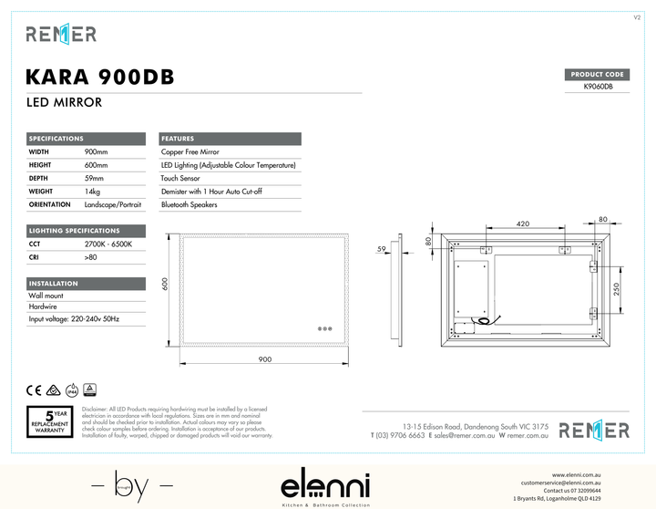 Kara LED Mirror with Bluetooth Speakers Feb25 K9060DB Elenni specification drawing