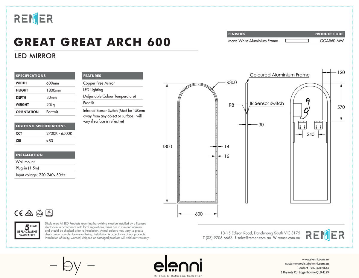 Great Great Arch Full Length LED Mirror Milano White GGAR60 MW AUG26 Elenni specification drawing