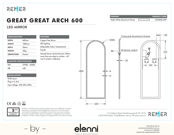 Great Great Arch Full Length LED Mirror Milano White GGAR60 MW AUG26 Elenni specification drawing