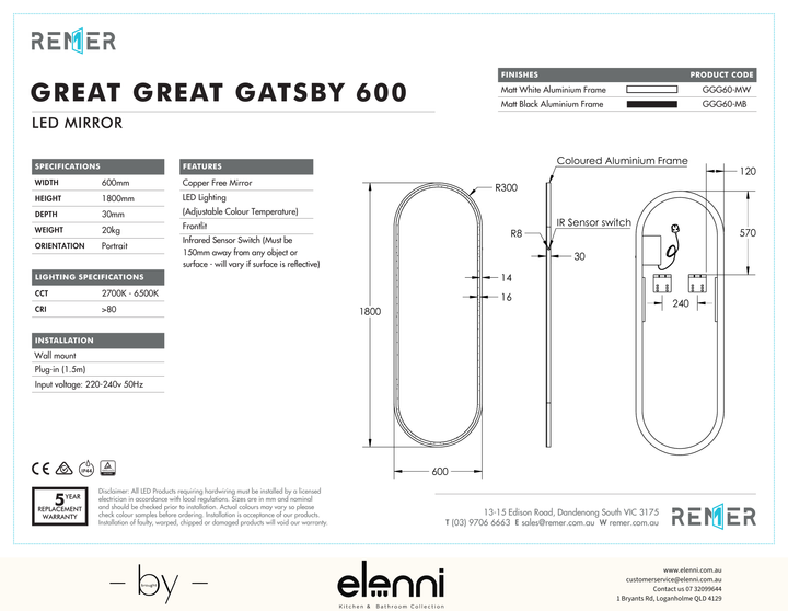 Great Great Gatsby Full Length LED Mirror with Portable Magnifier Milano White GGG60 MB 2 Elenni specification drawing