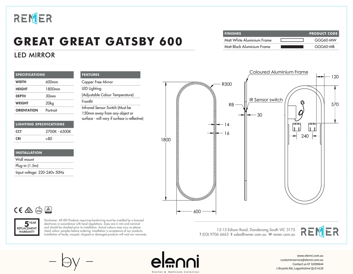 Great Great Gatsby Full Length LED Mirror Manhattan Black GGG60 MB 2 Elenni specification drawing