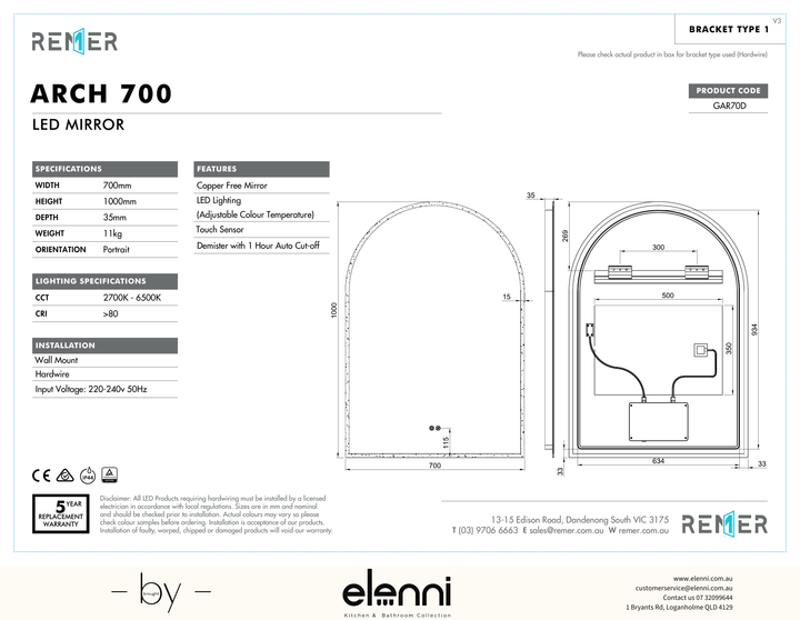 Great Arch LED Mirror Frameless JAN26 GAR70D Elenni specification drawing