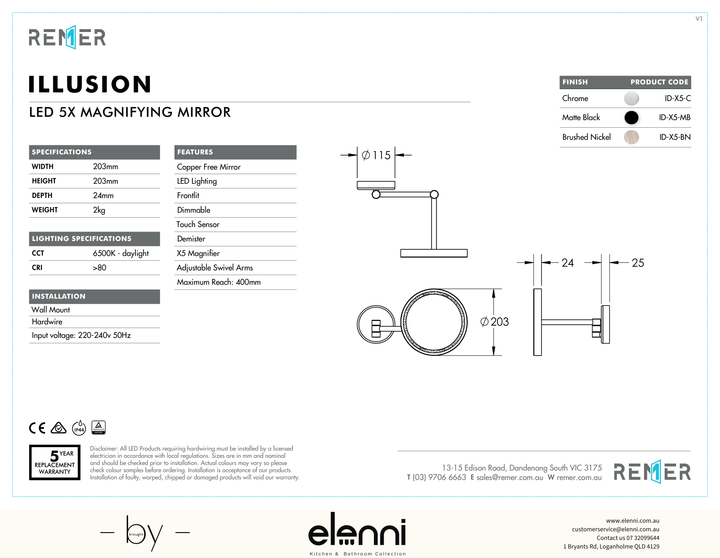 Illusion LED Magnifying Mirror Chrome JAN26 Illusion Elenni specification drawing