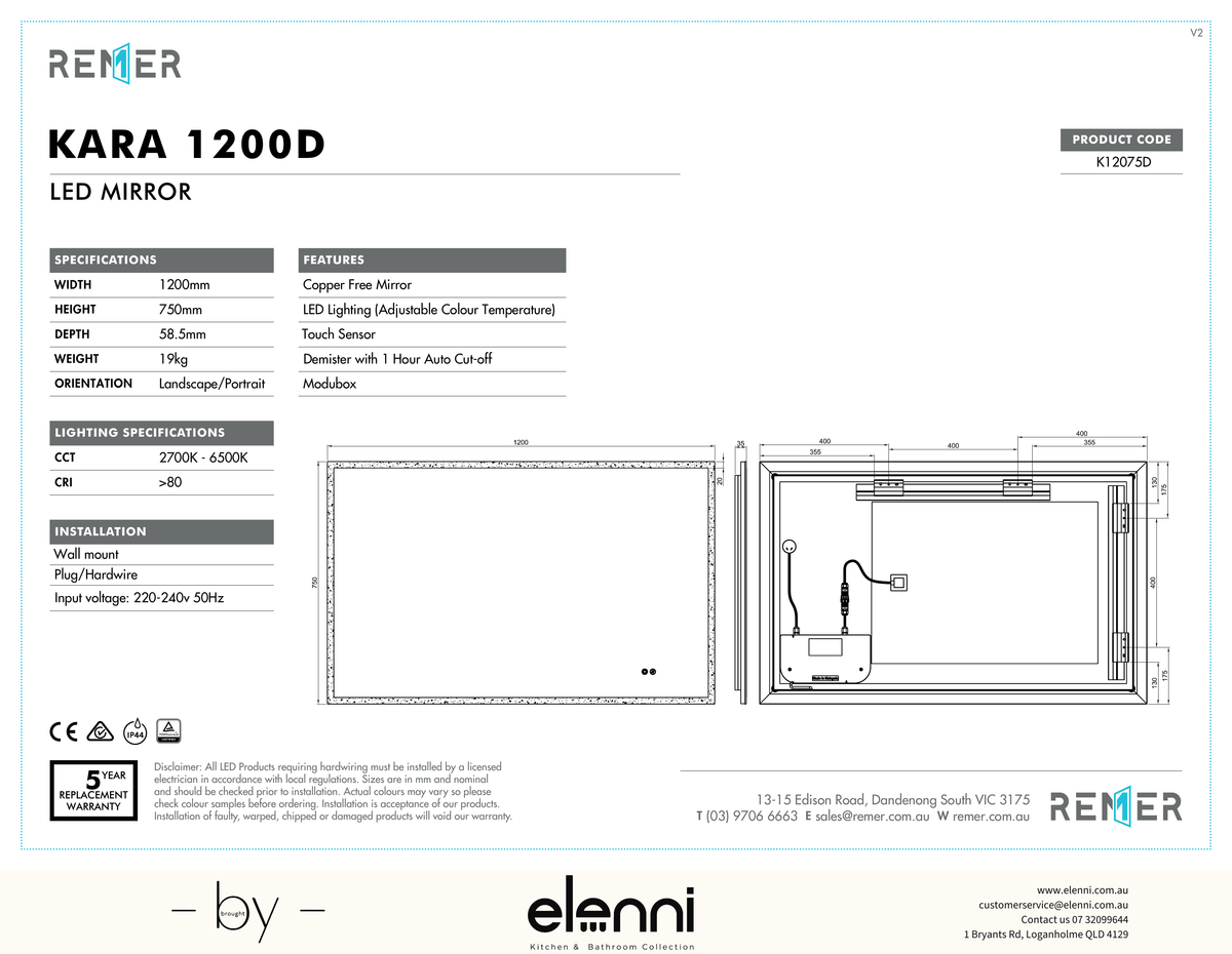 Kara LED Mirror Jan26 K12075D Elenni specification drawing
