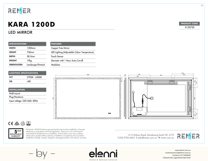 Kara LED Mirror Jan26 K12075D Elenni specification drawing