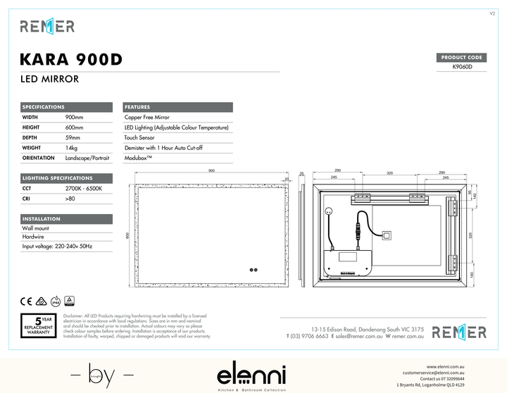 Kara LED Mirror with Demister and Portable Magnifier Jan26 K9060D Elenni specification drawing