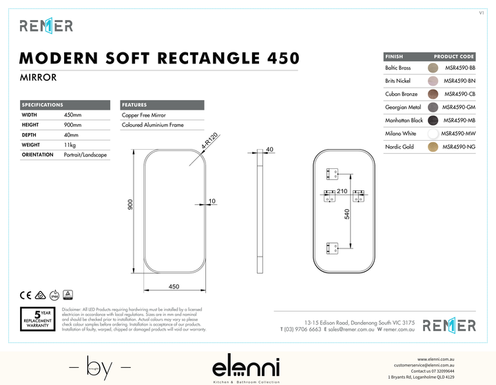 Modern Soft Rectangle Mirror with Portable Magnifier Nordic Gold JUL24 MSR4590 Frame Elenni specification drawing