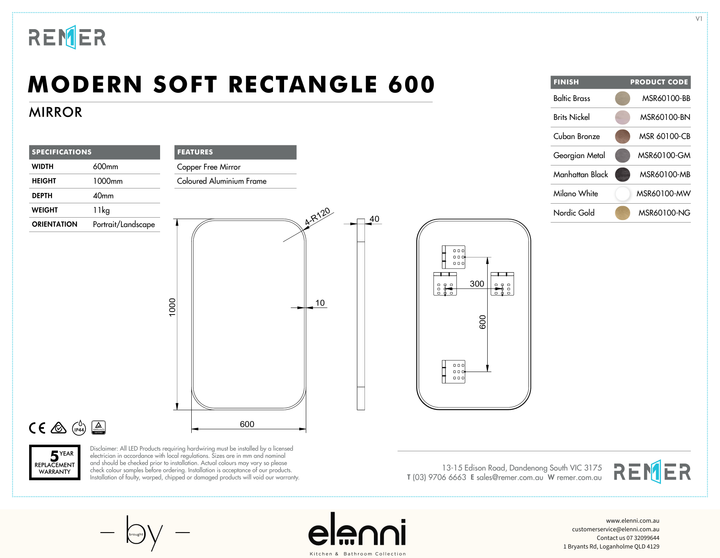Modern Soft Rectangle Mirror Nordic Gold JUL24 MSR60100 Frame Elenni specification drawing