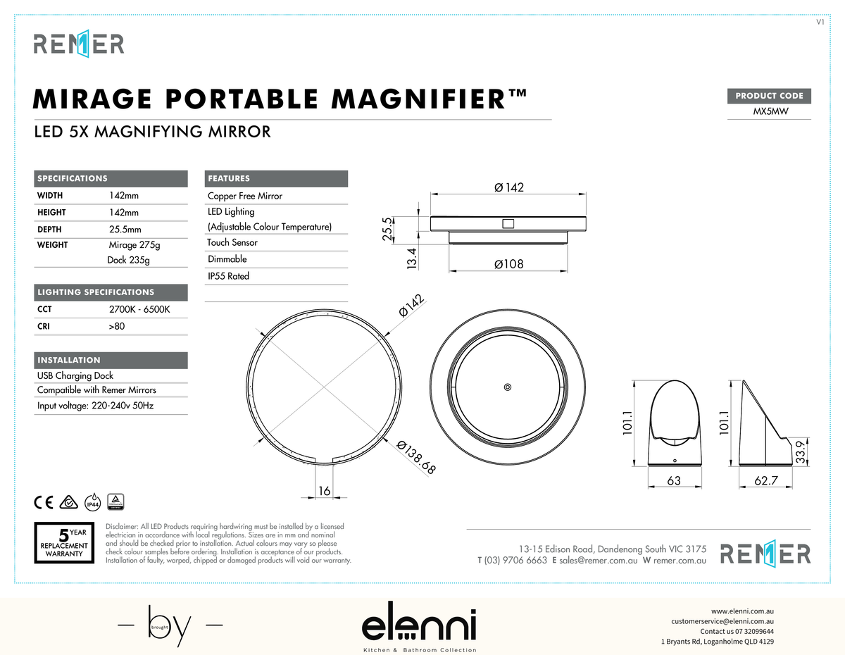 Arch LED Mirror with Demister and Portable Magnifier Georgian Metal JUL24 MX5MW Elenni specification drawing