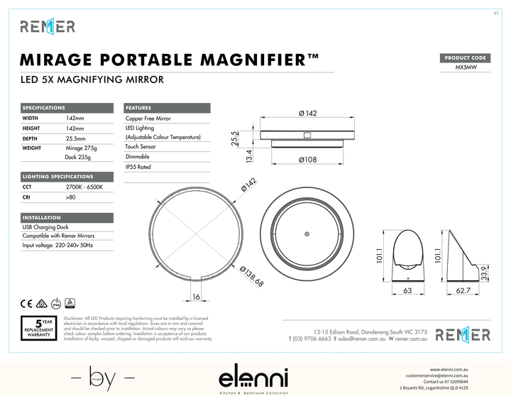 Arch LED Mirror with Demister and Portable Magnifier Georgian Metal JUL24 MX5MW Elenni specification drawing