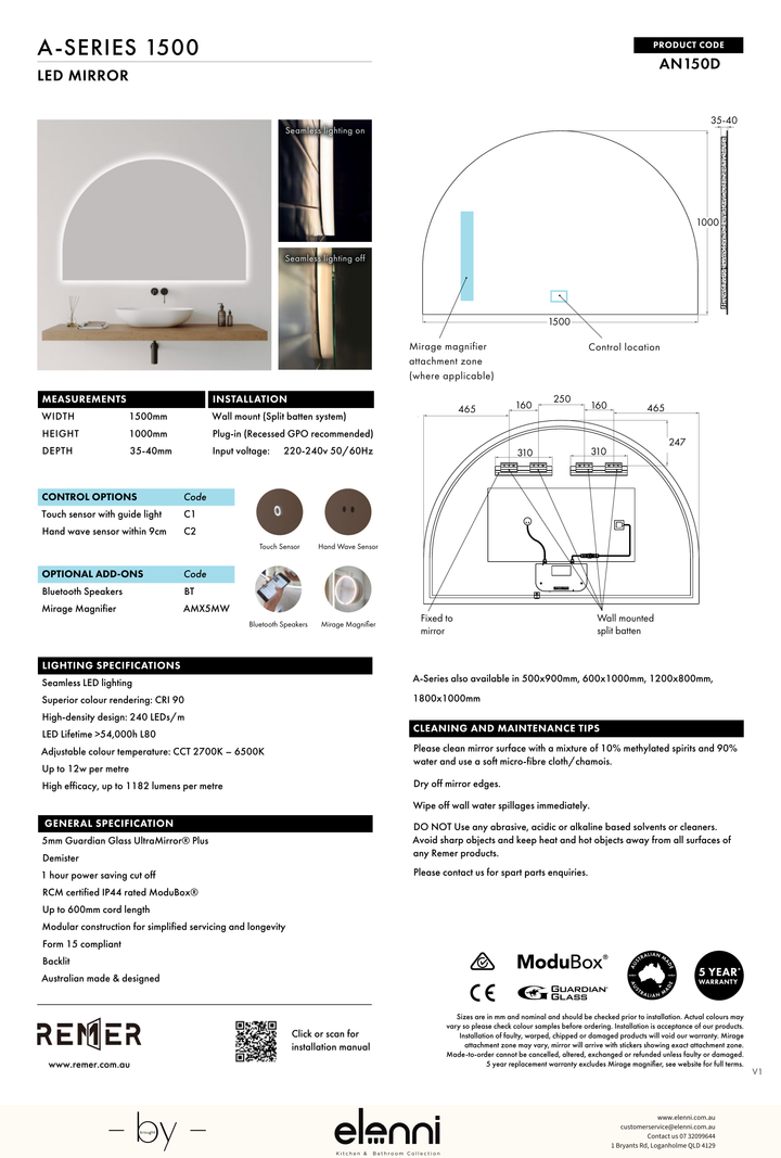 A Series Arch LED Mirror Jun26 STUDIO AN150D Elenni specification drawing