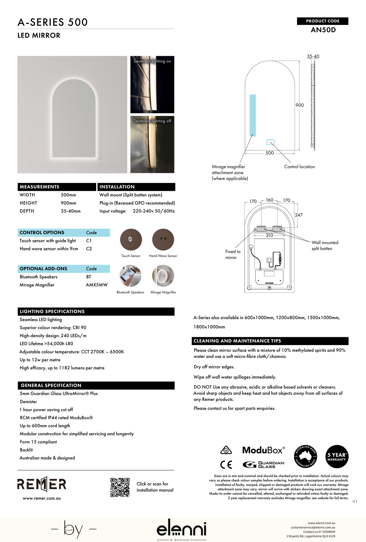 A Series Arch LED Mirror Jun26 STUDIO AN50D Elenni specification drawing